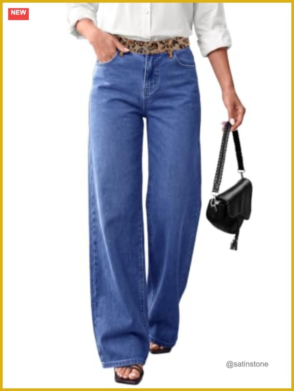 Mid Low Rise Wide Leg Jeans Leopard Waist Stretch Denim Pants